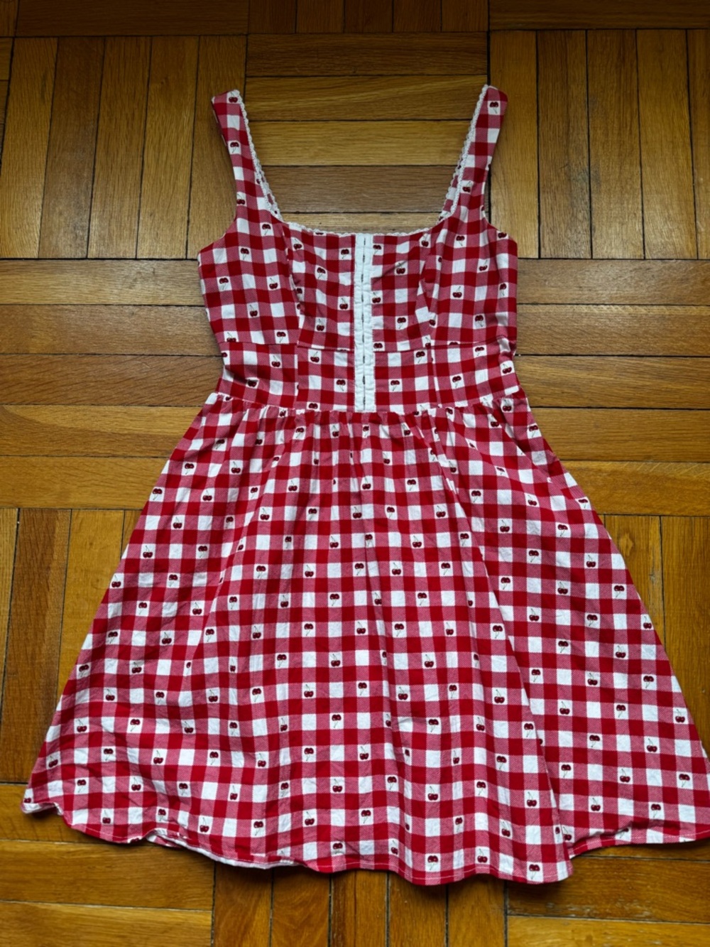 Red Gingham and Cherries Sleeveless Mini Dress with Faux Corset Detail